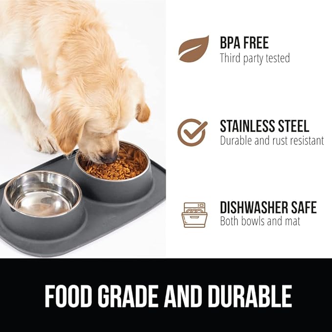 GORILLA GRIP Feeding Mat Set, 3 Cup, Patent Pending 100% Waterproof BPA Free Silicone, Stainless Steel Cat and Dog Bowls, Slip Resistant, High Edges Catch Water Food, US Designed Pet Accessories, Gray