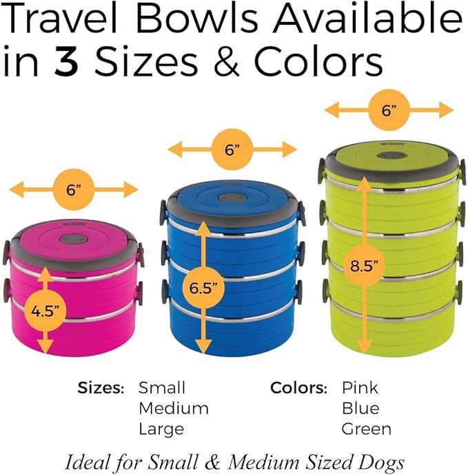 Healthy Human Travel Pet Bento Bowls - Human-Grade Stainless Steel & BPA-Free, Leak-Proof Water & Food Container Set for Dogs & Cats, 3-Pack Interlocking Bowls, Includes Spare Clips & Handle (Green)