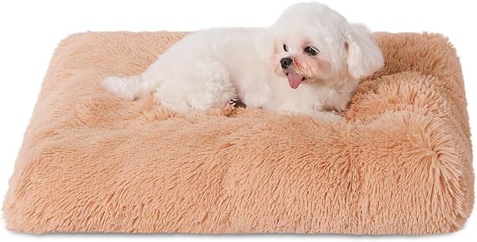 Bedfolks Plush Waterproof Dog Crate Bed, Removable Washable Cover, Faux Fur, Fluffy Kennel Bed 23"x18", Camel