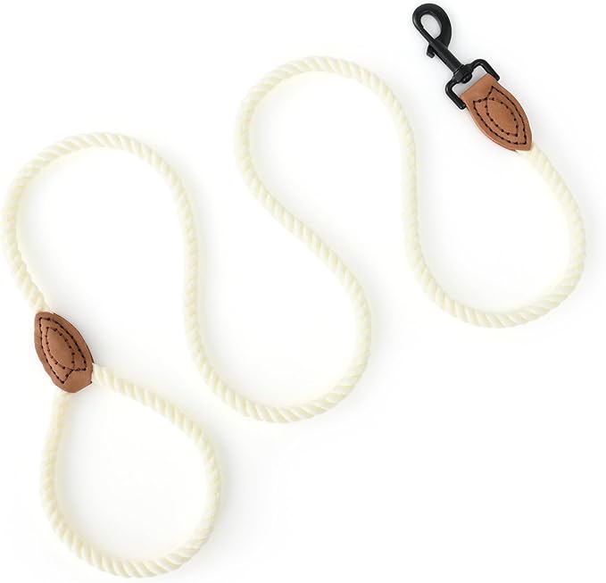Mile High Life Dog Leash, Braided Cotton Rope Leashes with Leather Tailor Tip with Leather Tip - Heavy Duty Metal Clasp, 5FT, 1/2" Thick - Wedding, Walking Leash for Medium Large Dogs(Cream White)