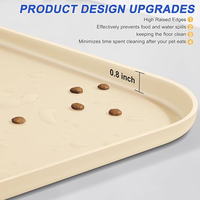 Silicone Pet Feeding Mat with Raised Edge for Food and Water, Dog Bowl Mats, Cat Bowls Placemat with High Lip for Floor Waterproof, Rubber Tray for Cats and Dogs 22 x 14 x 0.8 White Sand (Yellow Cast)