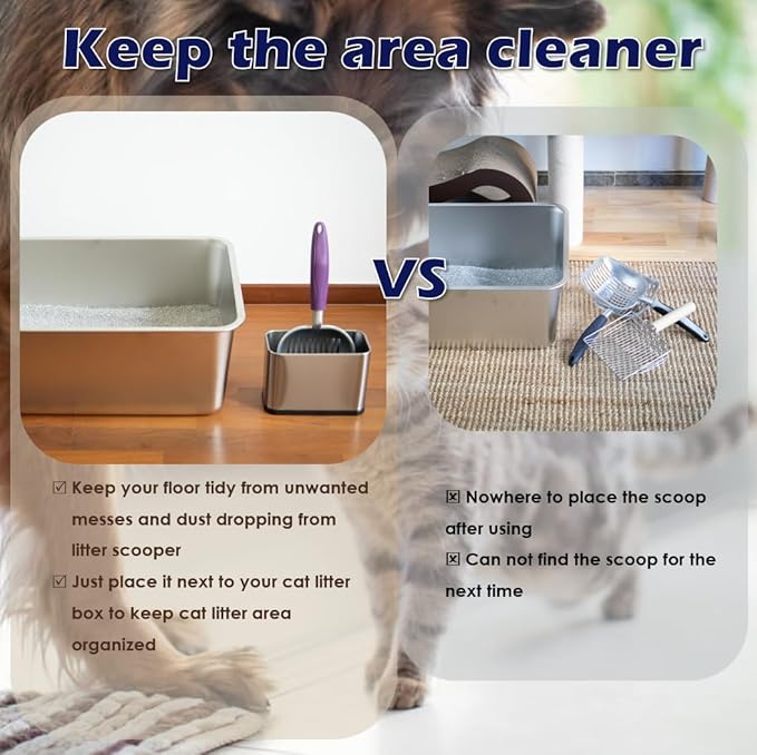 Metal Heavy Duty Cat Litter Scoop with Holder, Stainless Steel Kitty Litter Scooper Caddy for Litter Box, Aluminum Speed Sifter with Non-Slip Handle