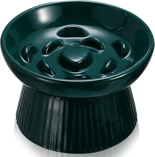 Tioncy 1 Pcs Raised Cat Slow Feeder Bowl Ceramic Elevated Cat Dog Food Bowl No Spill High Edge for Dry Wet Food and Water Easy to Clean, Dishwasher Safe (Dark Green)