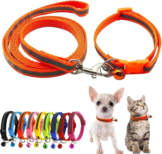 Orange XXS Kitten Collar with Bell Leash Set, Soft Reflective Dog Collars Adjustable Buckle for XS Extra Small Tiny Female Male Boys Girls Pets Cats Puppy Teacup Yorkie X-Small