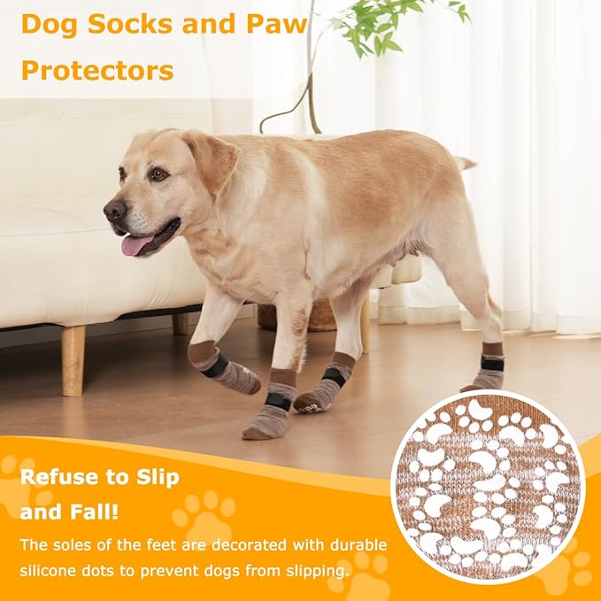 KUPAO Dog Socks 12 Pack to Prevent Licking Paws, Anti Slip Dog Booties and Paw Protectors for Hardwood Floors Hot Pavement, Suitable for Small Medium Large Senior Dogs - Size Extra Large,Brown