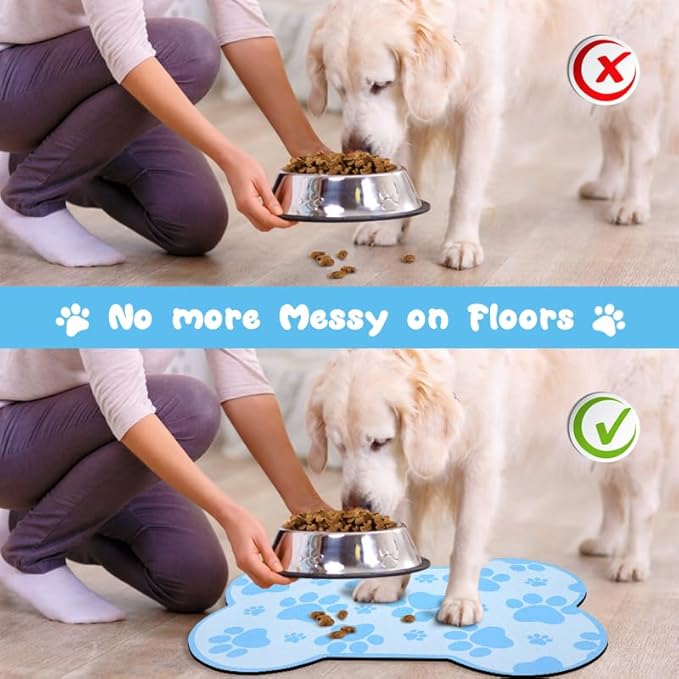 Dog Food Mats for Floors Waterproof, Pet Feeding Absorbent Water Bowl Mat Cat Placemats Blue Bone Shape 19 * 12 inch