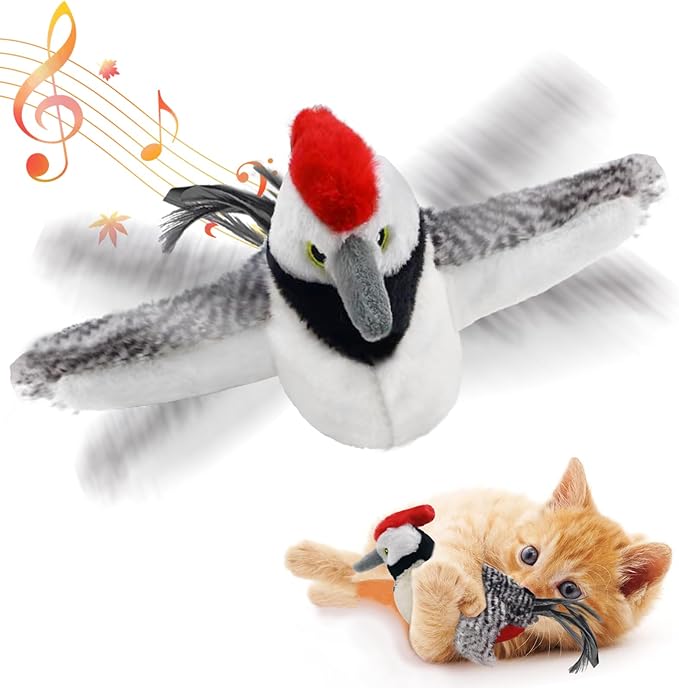 KreizyGo Cat Toys, Flapping Wings Woodpecker, No Flying, Chirping Bird Interactive Catnip Toy for Kitten or Small Dogs, Touch Activated, Rechargeable