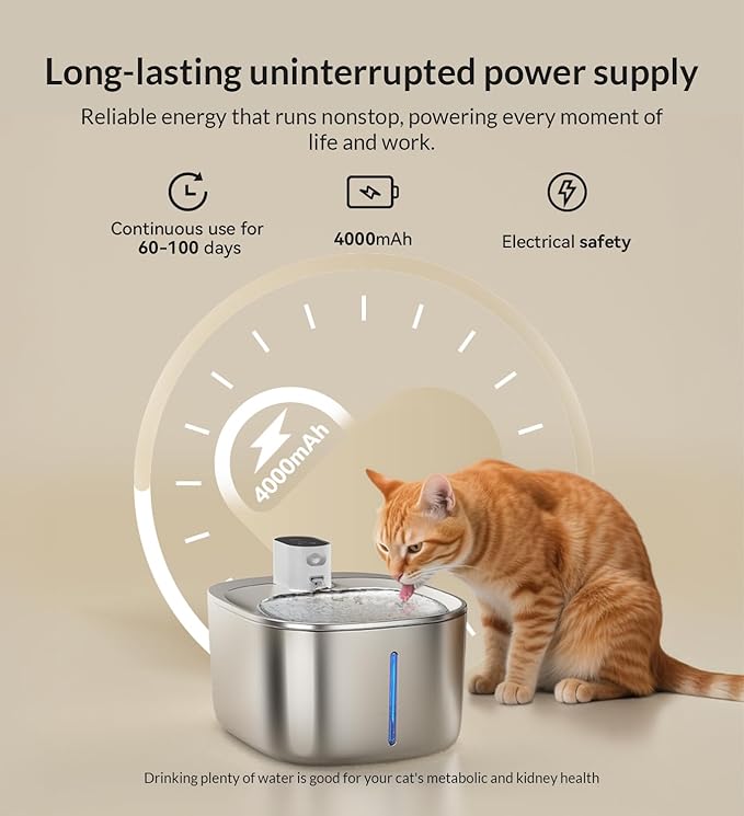 APD APETDOLA Wireless Cat Water Fountain Stainless Steel,135floz/4L Battery Operated Automatic Pet Fountain,Cordless Cat Water Dispenser Pet Drinking Water Fountain for Multicat Cats Dog Outdoor