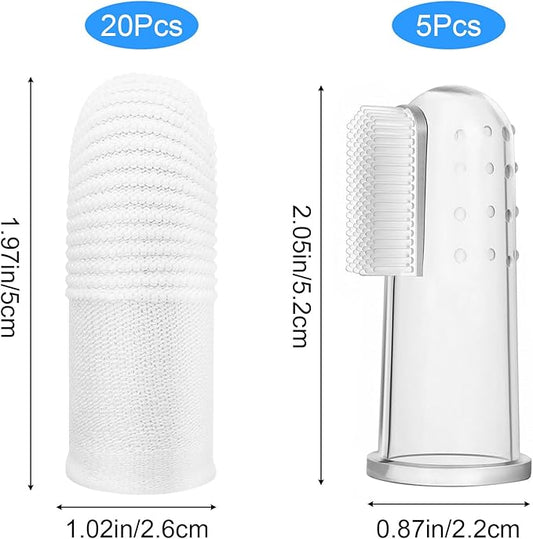 25Pcs Cat & Dog Toothbrush Finger Set for Dog & Cat, Reusable Soft Fabric Finger Toothbrush Kit Washable Oral Cleaning Wipes for Puppies Kittens at Home Dental Care (White and Clear)