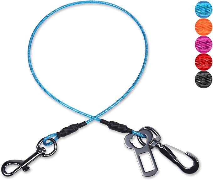 VIVAGLORY Dog Seat Belt Tuffbelt Dog Car Harness, Seatbelt with Clip & Hook for Car Travel, Chew Proof Anti Chew Unchewable Metal Safety Tether Restraint, L, Blue