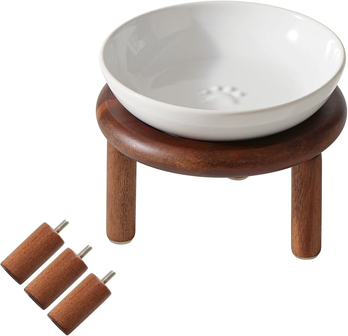 Elevated Ceramic Paw Print Cat Dish, Wide Whisker Friendly Anti-Slip Food & Water Bowl with 2 Heights Adjustable Acacia Wooden Stand for Cats (1 Dish + 1 Stand, White)