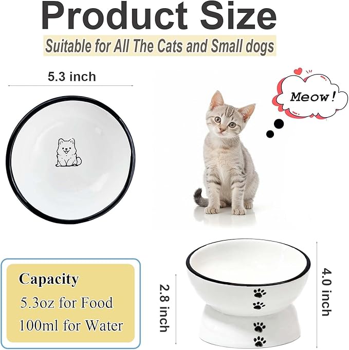 Anti-Rollover Elevated Ceramic Cat Bowls with A Sitting Puppy Pattern for Holding Food and Water, Black Border, Suitable for Small Dogs and Pets