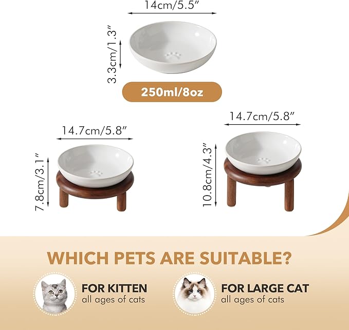 Elevated Ceramic Paw Print Cat Dish, Wide Whisker Friendly Anti-Slip Food & Water Bowl with 2 Heights Adjustable Acacia Wooden Stand for Cats (1 Dish + 1 Stand, White)