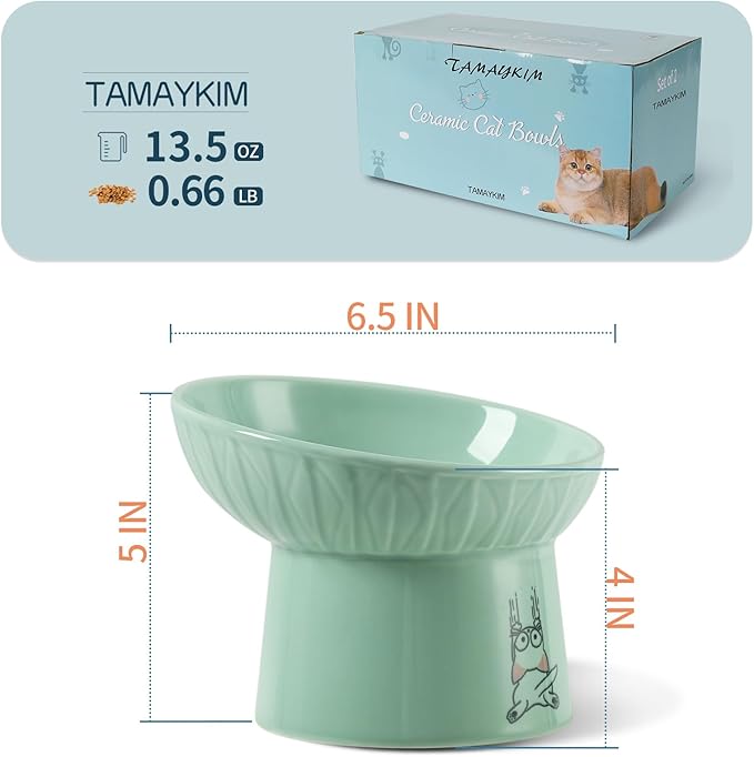 TAMAYKIM 6.5 Inch Tilted Extra Wide Raised Ceramic Cat Bowls, Round Food and Water Bowls for Elder Big Cats and Small Dogs, Elevated Pet Feeder Dish, Stress Free, Protect Cat's Spine, Pink & Green
