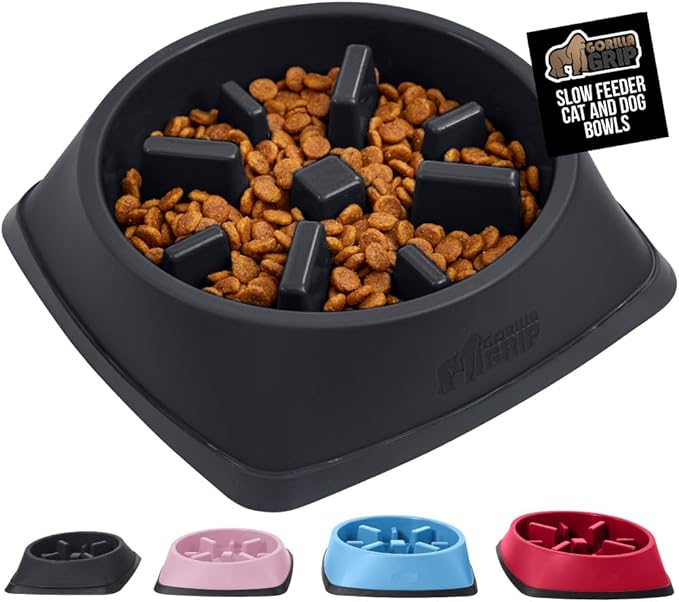GORILLA GRIP Patented BPA Free Slow Feeder Dog Bowls, Interactive Puzzle Toy for Dogs and Cats Food Training Enrichment, Keeps Pets Busy and Prevents Puppy Overeating, Small Breeds, 1 Cup, Black
