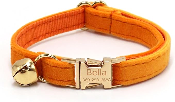 Colorful Velvet Custom Cat Collar, Personalized Cat Collar with Name, Engraved Collar for Small Large Cat Kitten with Bell (Orange,L)