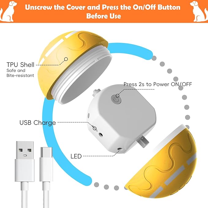 SUJF Interactive Dog Ball, Smart Interactive Dog Toys, Automatic Moving Vibrating Bouncing Pet Ball for Medium and Large Dogs, TPU Material, Rechargeable and Waterproof