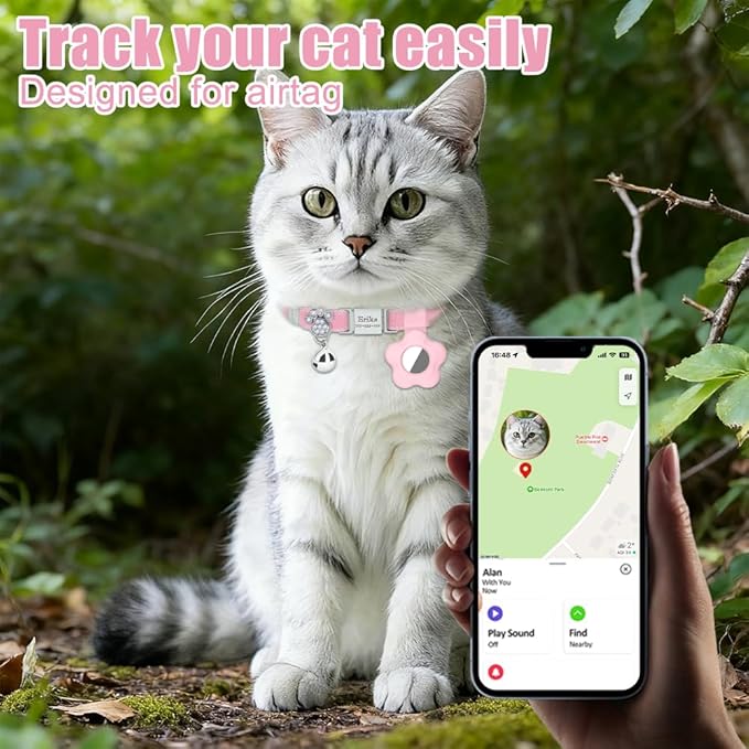 Personalized Safety Elastic Cat Collars with Bell Soft Silicone Cover for Air Tag,Laser Customized Stretch Kitten Collars for Girls Boys Cats (Pink)