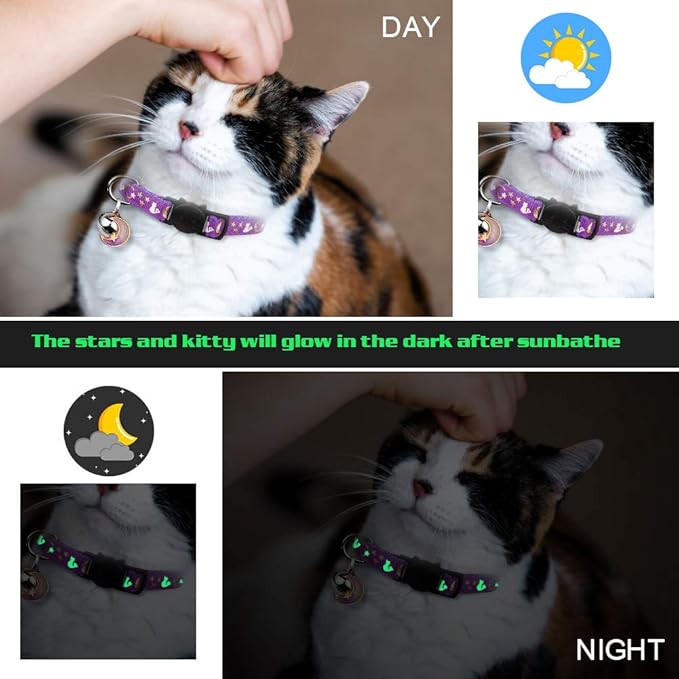 Baeuppit 2PCS Breakaway Cat Collars with Bell Moons Stars Cute Kitty Adjustable Safe Kitten Collars with Pendant Glow in The Dark(Purple&Pink)