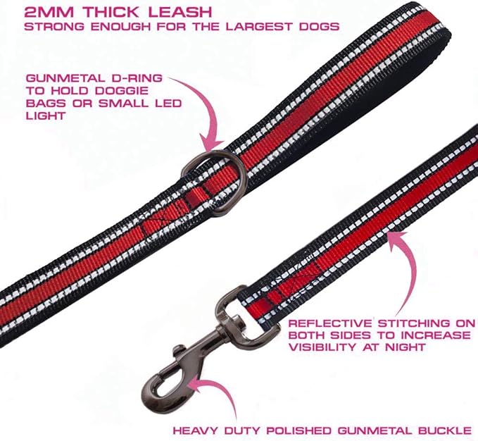 JSXD 5 FT Heavy Duty Double Handle Dog Leash with Comfortable Padded and Reflective Rope, Suitable for Small, Medium, Large Dogs (Wide-Red)