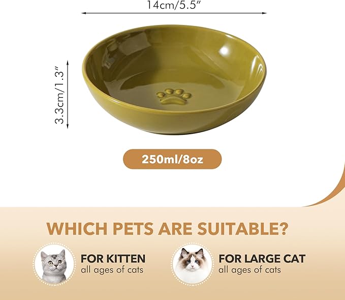 Ceramic Wide Whisker Friendly Cat Dishes, Set of 3 Ceramic Cat Bowls with Paw Print, Anti-Slip Indoor Kitten Feeding Food& Water Dish to Prevent Whisker Fatigue(3 Pcs, Matcha Green)