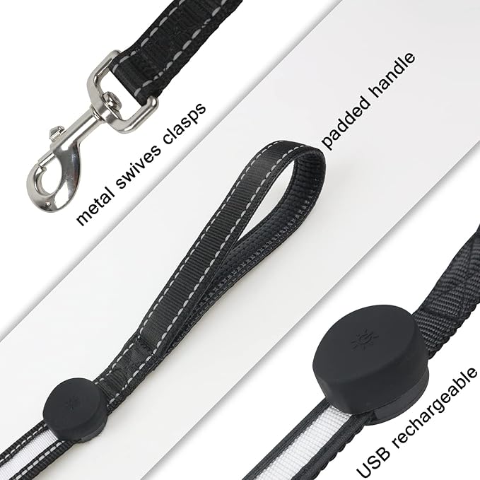 USB Rechargeable LED Dog Leash - 7 Colors & Color Cycling Mode, Light Up Dog Leash for Night Walking, Heavy Duty Padded Handle, 6FT for Small Medium Large Dogs