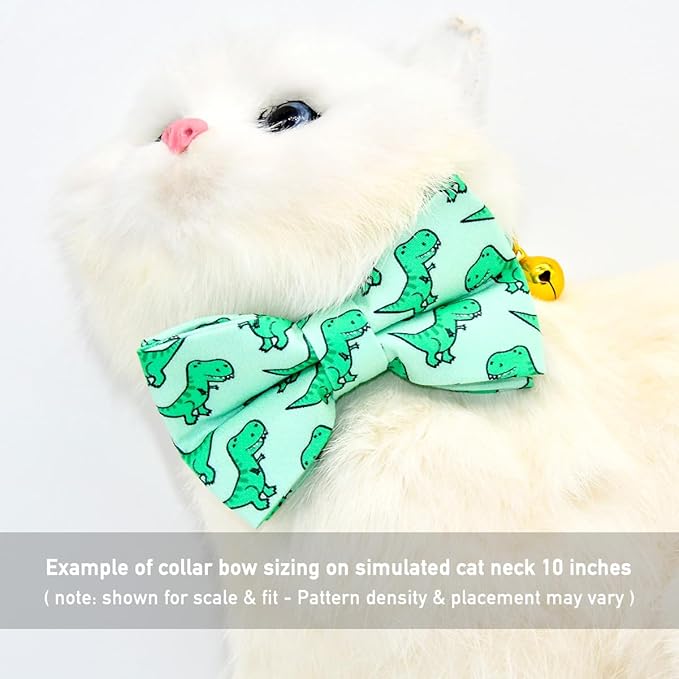 Cat Bow Collar, Green Dinosaur Pattern, Quick Release Safety Buckle, (6" - 10")