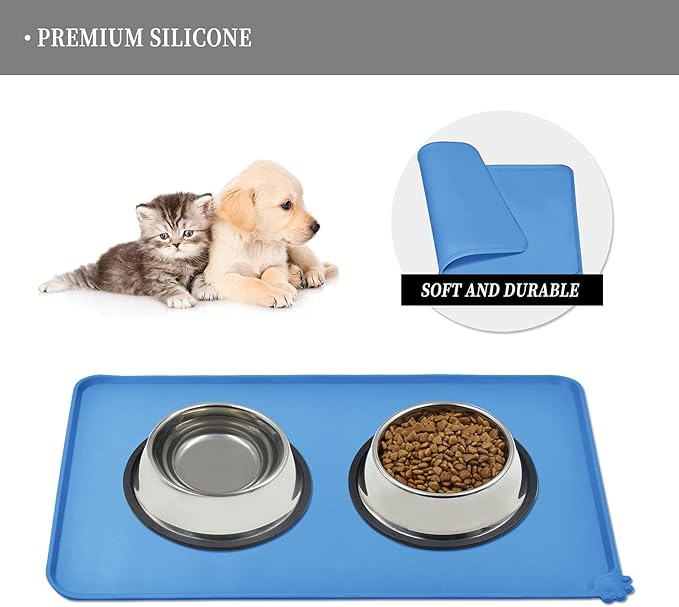 Reopet Waterproof Pet Feeding Mat with High Raised Edges, Heavier and Thicker Placemats for Cat Dog Water Bowl with BPA Free, Dogs Cats Food Mats for Messy Drinkers to Prevent Spill and Protect Floors