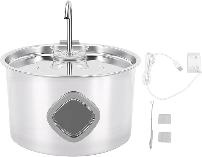 Fockety Pet Water Fountain, Quiet USB 3.2L Stainless Steel Cat Fountain Automatic Pet Drinking Cats Water Bowl Dispenser for Pets Small Animals Cats Dogs