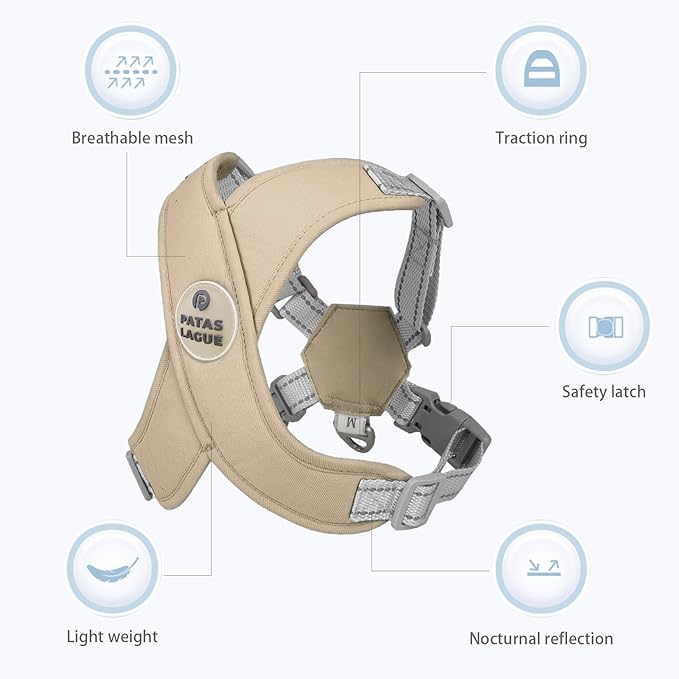 Patas Lague Dog Harness with Leash Set Adjustable Soft Padded Step-in Dog Vest No Choke No Pull Reflective for Small Medium Pets with Poop Bags and Dispenser, Solid and No-chew, Brown M