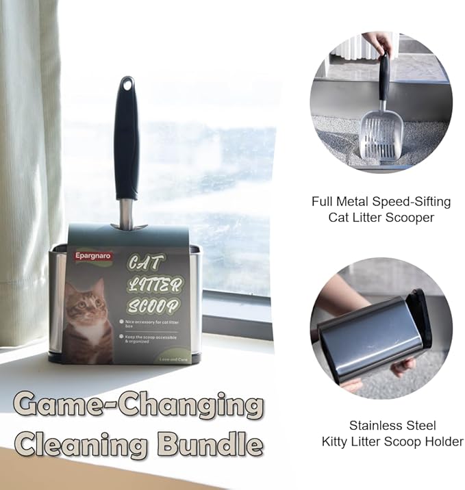 Heavy Duty Cat Litter Scoop with Holder - All Metal Cat Litter Scooper with Stainless Steel Holder - Speed Sifter Litter Box Scooper Captures All Clumps