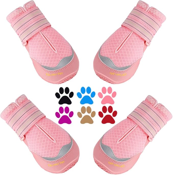 QUMY 4PCS Dog Boots for Large Dogs, Medium Dog Shoes & Paw Protectors for Hot Pavement, Summer Heat Protection, Mesh Breathable Nonslip Dog Booties for Hardfloors, Walking Running Hiking Pink Size 2