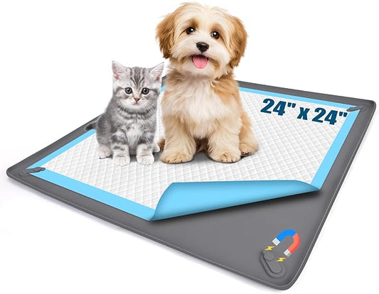 Pee Pad Holder for Small Dogs, 24" x 24" Dog Puppy Pee Pad Holder Non-Slip Silicone Tray with 4 Magnetic Clips for Training, No Spill Raised Lip High Edge for Indoor Floor Protection, Gray