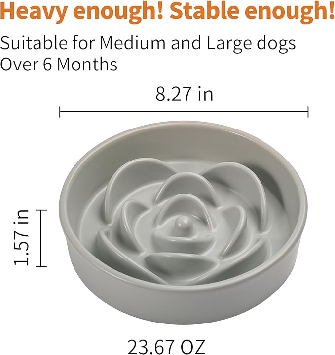 Grey Ceramic Slow Feeder Dog Bowl for Medium and Large Breed,Elevated/Raised 1.5 Cup 8.26 in Slow Feeding Bowl,Puzzle Dog Food Bowl for Fast Eater,Maze Dish for Fast Eater