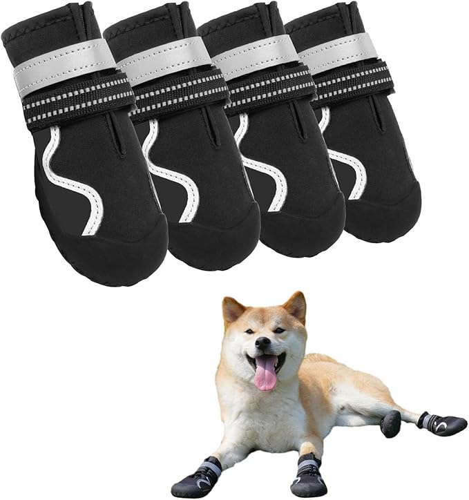 Dog Shoes Small Medium Large Size Dogs, Puppy Booties Paw Protector for Hot Pavement, Non-Slip Waterproof Rubber Reflective Strapped Boots (Black, Size 4#: (2.6 * 2.2) (L*W) for 31-40lbs)