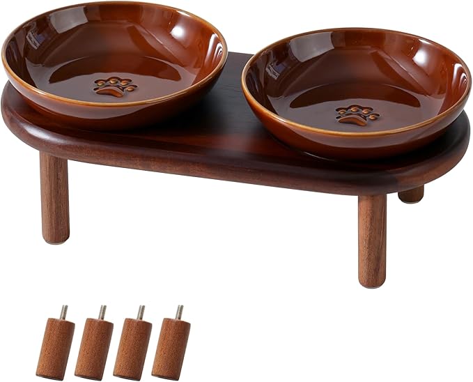 Elevated Ceramic Paw Print Cat Dish, Wide Whisker Friendly Anti-Slip Food & Water Bowl with 2 Heights Adjustable Acacia Wooden Stand for Cats (2 Dishes +Stand, Caramel Brown)