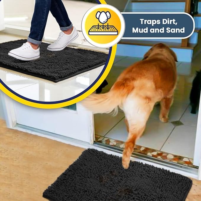 Muddy Mat® AS-SEEN-ON-TV Highly Absorbent Microfiber Door Mat and Pet Rug, Non Slip Thick Washable Area and Bath Mat Soft Chenille for Kitchen Bathroom Bedroom Indoor and Outdoor - Charcoal 24" x 120"