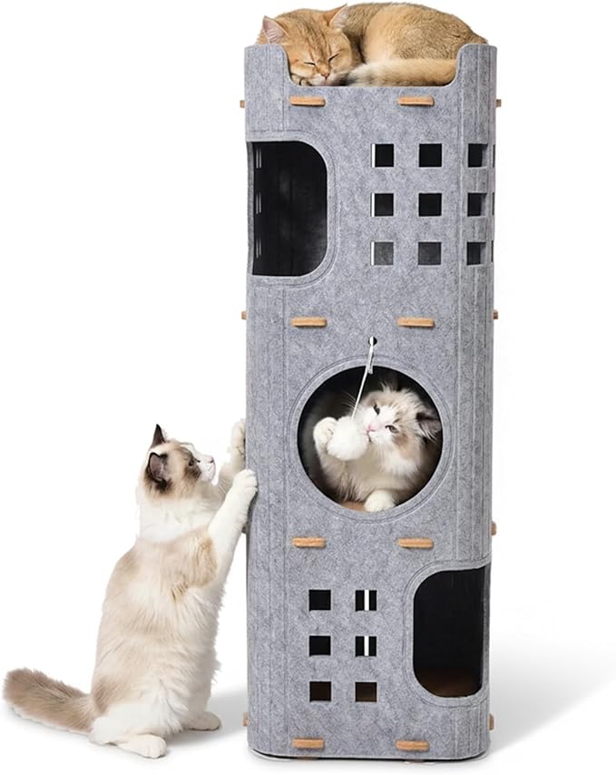 3 Storey Cat House for Indoor Cats,Foldable Large Cat Beds with Felt,Scratch Resistant,Cat Condos with Fluffy Balls,Cat Castle with Hideway Tunnel,Cat Playhouse for Multicats (Light Grey)