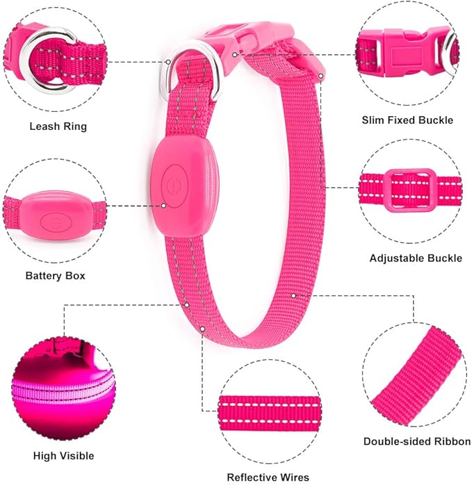 Light Up Dog Collar- Rechargeable Puppy Collars Glow in The Dark LED Dog Collar for Night Walking (X-Small, Pink)