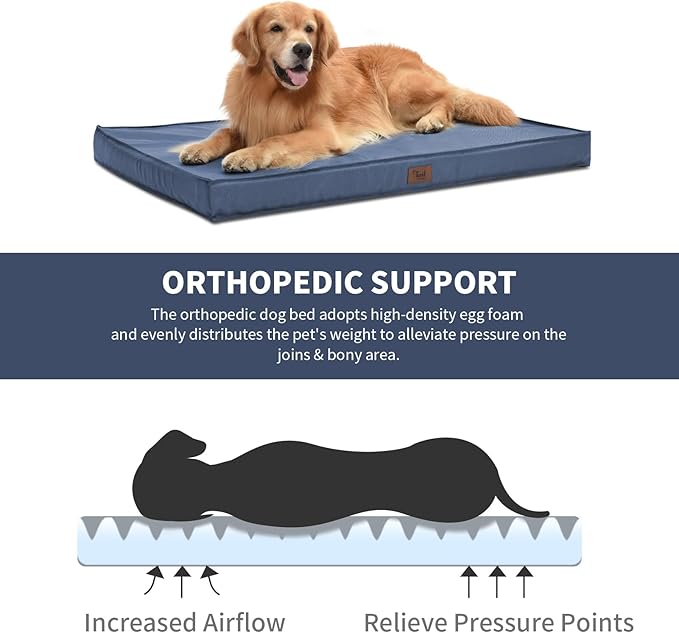 Outdoor Large Washable Dog Bed, Orthopedic Egg Crate Foam Dog Crate Mat for Large Dogs with Removable Oxford Cooling Cover, Navy