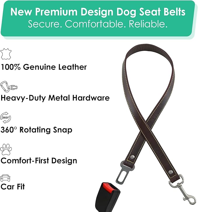 DowgClub Genuine Leather Dog seat Belt for car, Safe Distraction Free Driving, Heavy-Duty Design with Military Grade Hardware, Harness for Small, Medium and Large Pets (Brown, 30")