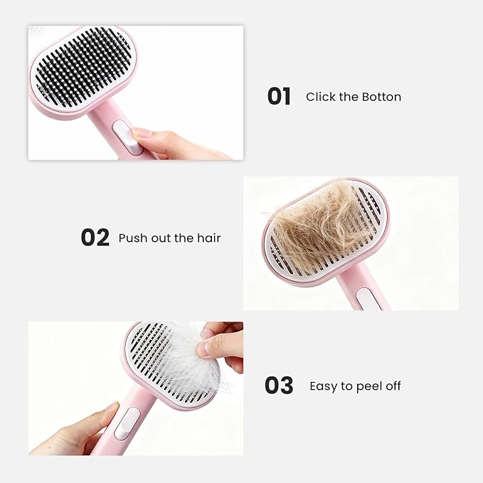 Pet Grooming Brush for Cats and Dogs, Self-Cleaning Comb with Soft Massage Bristles, Comfortable Grip Handle, Easy Hair Removal, Suitable for Long and Short Hair Pets, Pink