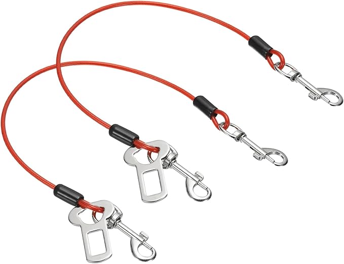 Chew Proof Dog Leash, 16 in Dog Seat Belt Harness with Double Clips Leash Extender Steel Braided Vehicle Tether, (Red, 2 Pcs), Intended for Pet Car Safety/Walking/Training