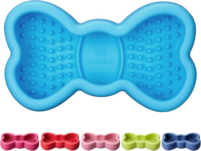 Lick Mat for Dogs, Animire Anti-Spilled Bow Tie Lick Bowls for Anxiety Relief, Silicone Slow Feeder Licking Pad with Suction Cups, Freezeable Dog Enrichment Toy for Boredom (Light Blue,L)