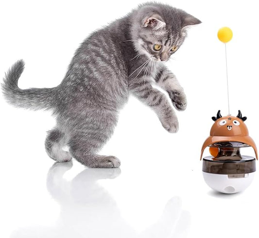 Wagably Cat Treat Puzzle Toy, Auto-Balancing Pet Food Dispenser - Brain Stimulating - Slow Feeder - Boredom Relief Kitten Toys, Interactive Training, Toy for Indoor Bored Cats (Brown, Cow)