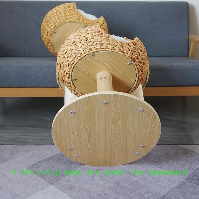 Cat Tree 39 Inches Cat Tower with Sisal Covered Scratching Real Wood Post, Handwoven PE Rattan 3 Baskets perches with Cozy Cushion, Cat Climbing, Cat Scratching Post (Light Gray Cushion)