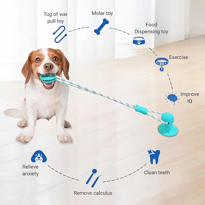 Tailwag Dog Chew Toys for Aggressive Chewers, Tug of War Suction Cup, Dog Puzzle Toys Treat Food Dispensing Ball, Puppy Rope Enrichment, Indestructible Treat Food Dispensing Ball (Blue)
