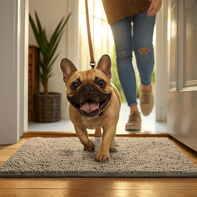 MudGuard Mat™ Dog Door Mat for Muddy Paws, Super Absorbent Microfiber, Non-Slip Indoor Mat, Quick Dry Chenille Mud Mat for Dogs & Entryway, Washable, Beige 36" x 60"