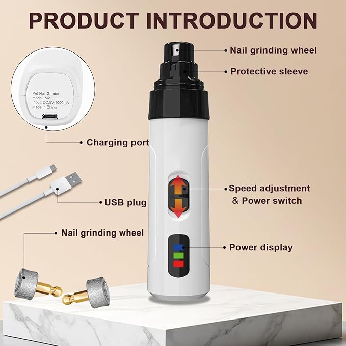 Dog Nail Grinder Upgraded,Professional 2-Speed Pet Nail Trimmer,Quiet and Low-Vibration Dog Nail Trimmers,and 3 Ports for Large,Medium,Small Pets with Hard or Thick Nail
