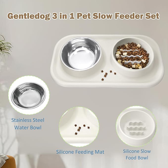 Gentledog Waterproof Silicone Cat Food Bowls, Stainless Steel & Silicone Slow Feeder Double Bowls, Non-Skid & Non-Spill Raised Edge, Food and Water Feeder for Cat and Puppy